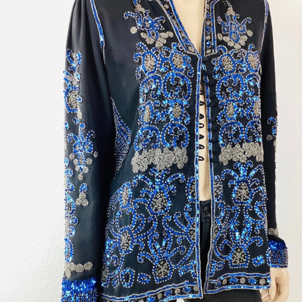 1980's Trophy Jacket / Top Beaded Sapphire Blue + Silver/Grey by Irene Sargent